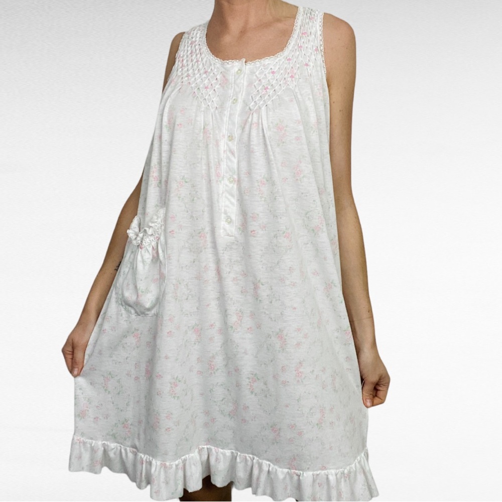 VINTAGE | Nicole White Pink Ditsy Florals Sleeveless Lace Ruffled Lounge Dress - Picture 1 of 10